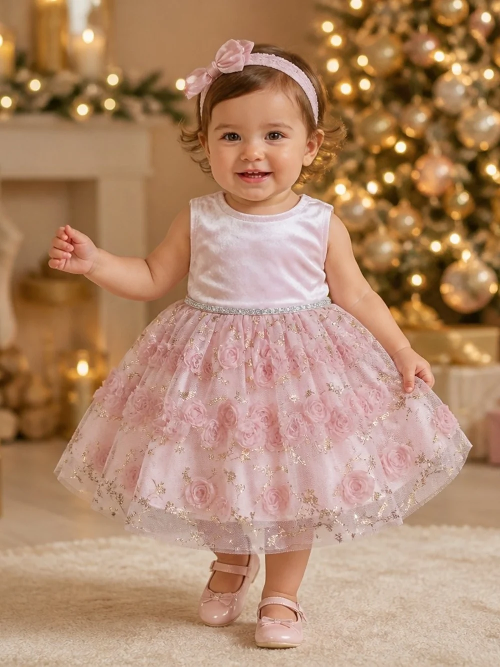 Blueberi Boulevard Pink Floral Velvet & Tulle Party Dress Sz 18 Months